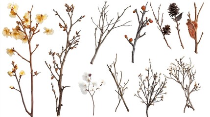 Selection of Natural Branch Elements. Bouquet Collection Elements Isolated on a White Background.  
