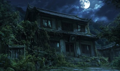 Fototapeta premium Overgrown house with a full moon.