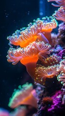 Naklejka premium Vibrant Coral Reef Photo with Orange Coral Polyps and Green Tips