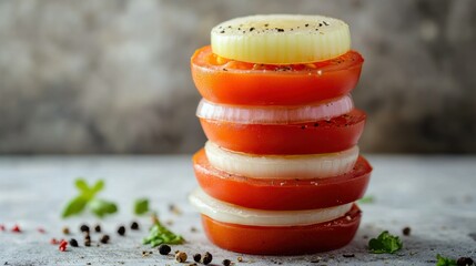 Fresh Tomato and Onion Slices Stacked Alternately