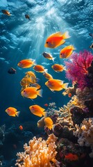 Fototapeta premium Vibrant Coral Reef Photo - Orange Fish, Sunlight, and Colorful Coral