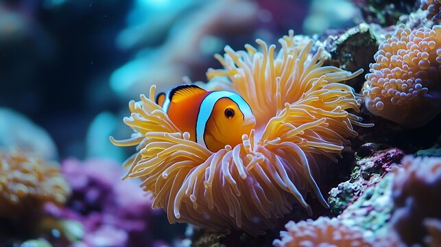 Clown Anemonefish Photo - Orange Clownfish in Vibrant Sea Anemone