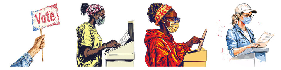 Obraz premium The image depicts individuals engaged in voting activities, showcasing diverse people with signs and ballots, representing civic participation and democracy.