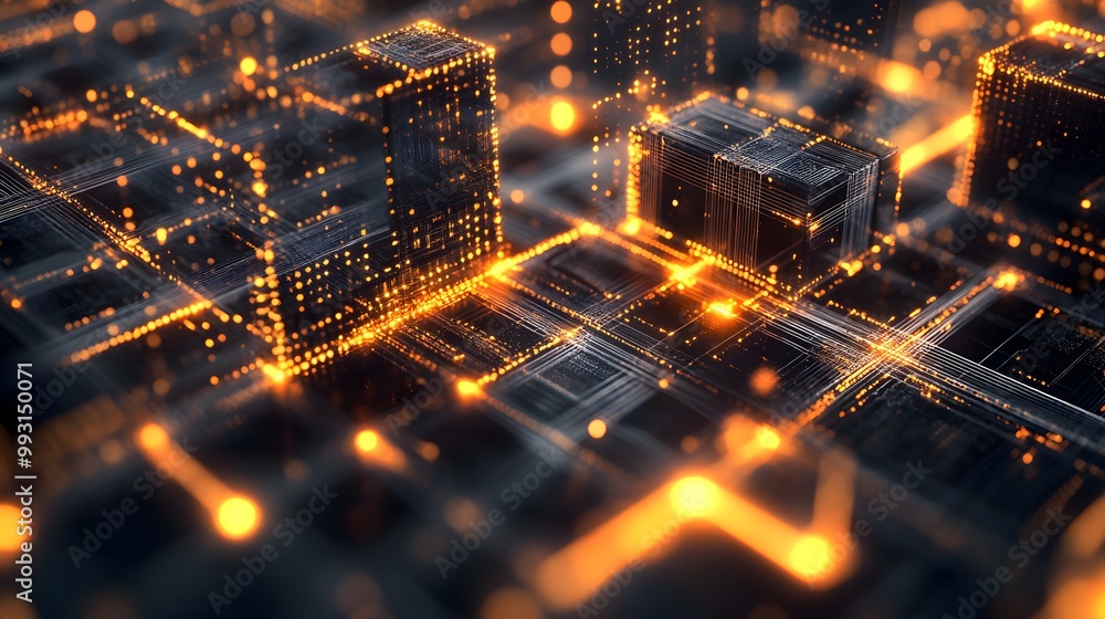 Aufkleber glowing cubes connected by lines in an abstract digital network
