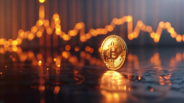 Golden bitcoin coin standing on reflective surface with glowing financial market chart background, concept of tokenization, blockchain and digital money, digital currency and business security