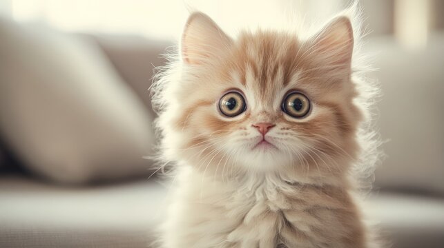 Adorable close-up of a fluffy kitten with big, curious eyes sitting on a couch, creating a cute and heartwarming scene at home.