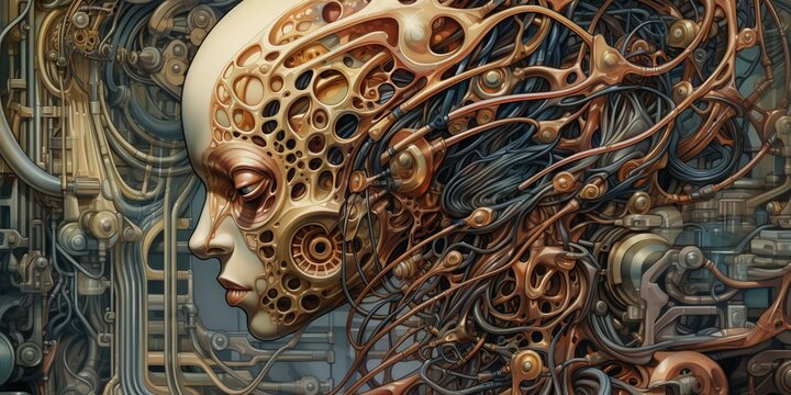 A woman's face is made of metal and wires