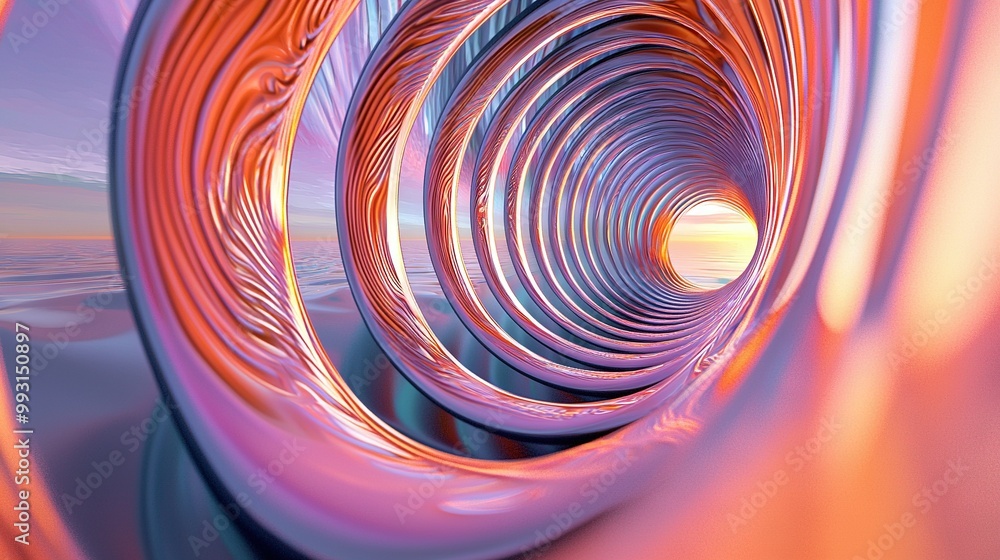 Poster a close-up of a circular object surrounded by a blurred image of a body of water and sky