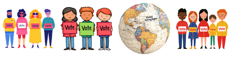 Colorful illustration of diverse people holding "Vote" signs near a globe, emphasizing the importance of civic engagement and participating in elections.