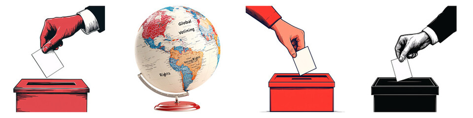 The image illustrates voting with hands placing ballots into boxes, flanking a globe, symbolizing global democracy and civic engagement.