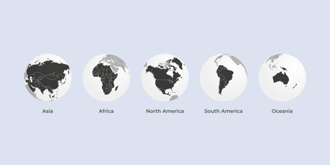 Earth map globe icon set with five continents transparent background. continents front facing asia, africa, north america, south america, oceania.	