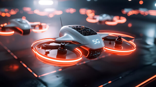 Multiple AI-powered drones hovering, connected through a glowing 5G network, 5G Drone Network, AI and 5G Automation