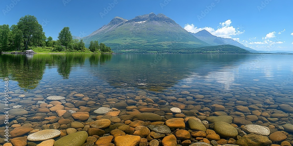 Wall mural A Tranquil Lake Reflecting a Majestic Mountain Range with Clear Water and Smooth River Rocks