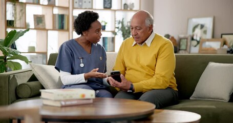 Senior, man and caregiver consulting with smartphone for explaining, tech assistance and teaching online features. Nurse, old person and internet for health and wellness apps for medication reminder.