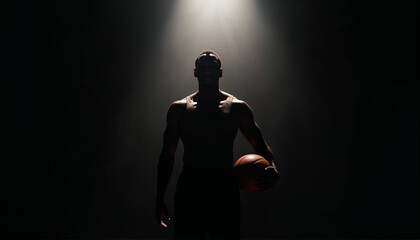 Powerful NBA star silhouette in spotlight, exuding strength and anticipation for an ad shot.






