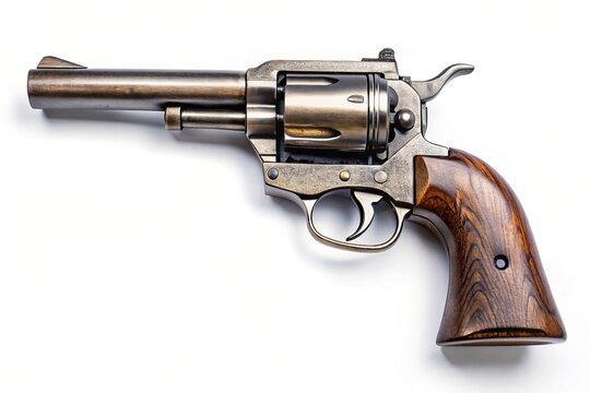 A detailed description of a vintage cowboy revolver on a white background from a high angle perspective, retro revolver, historical, vintage gun, six-shooter, firearm on white background