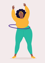 Front View Of One Overweight Black Woman In Sports Clothing Standing And Swinging Her Hips With A Hula Hoop.