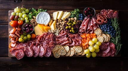 A vibrant charcuterie board featuring a variety of meats, cheeses, fruits, and nuts, beautifully arranged for a flavorful presentation.