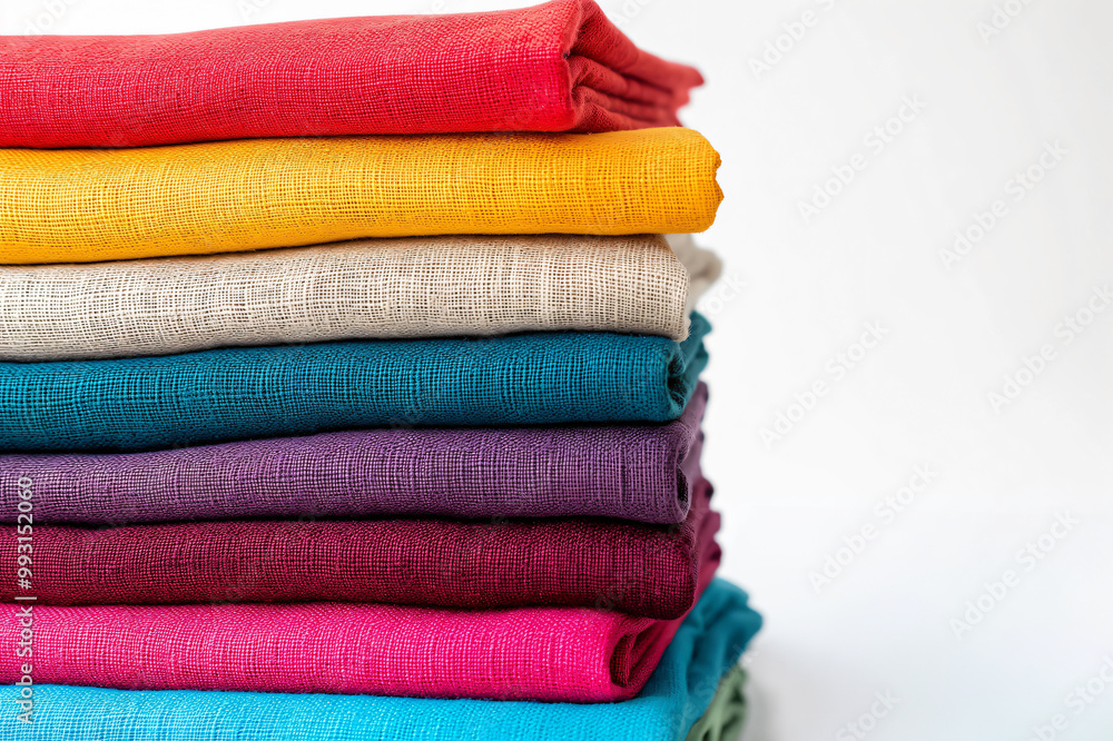 Poster stack of colorful folded fabrics, creating a vibrant and textured display against a clean white back