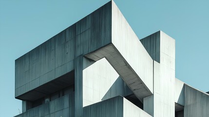 The image features a modern architectural structure with angular shapes and textured concrete surfaces, set against a clear blue sky.