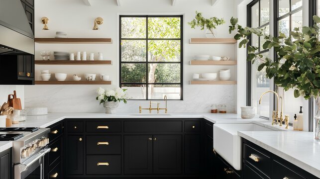 A modern kitchen featuring black cabinetry, white countertops, decorative shelving, and large windows that provide natural light.