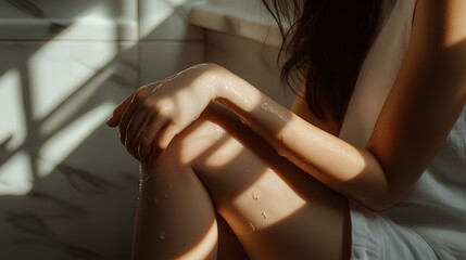 Obraz premium A serene close-up of a person's legs and arms, softly illuminated by natural light, creating a tranquil atmosphere with shadows and water droplets.