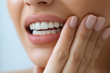 Obraz premium Close-up of a woman holding her cheek, showing discomfort possibly from tooth pain, with focus on healthy white teeth and manicured nails.