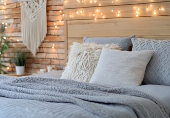 Cozy bedroom with textured bedding and warm lighting in a serene modern environment