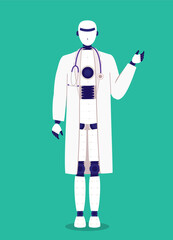 One AI Health Doctor Robot With Lab Coat And Stethoscope Standing And Waving Hand.