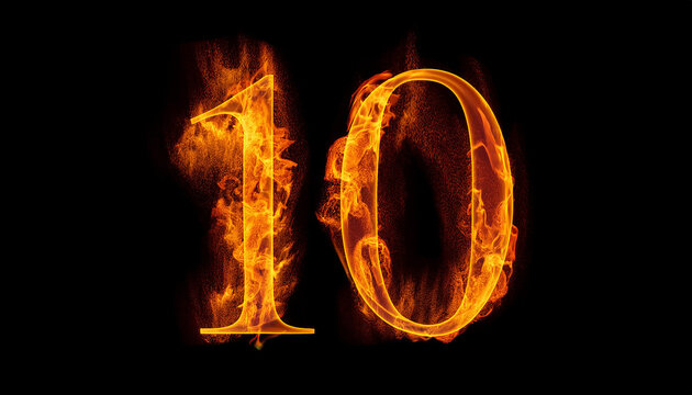 Number 10 ten made of fire flame on black background. Hot orange blaze. 3D rendering. - Powered by Adobe