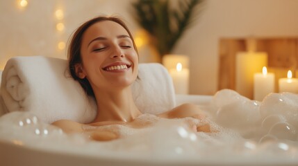A woman enjoys a relaxing bubble bath surrounded by candles and serene ambiance in a cozy bathroom.
