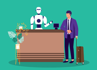 AI Check-In Robot At The Front Desk Assisting A Hotel Guest With Luggage And Passport.