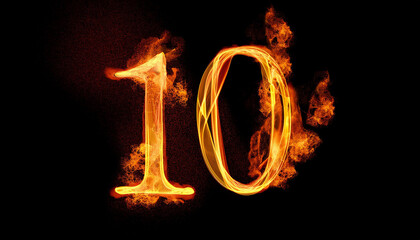 Number 10 ten made of fire flame on black background. Hot orange blaze. 3D rendering.