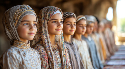 A serene lineup of young girls in beautifully adorned traditional attire, showcasing cultural heritage and innocence.