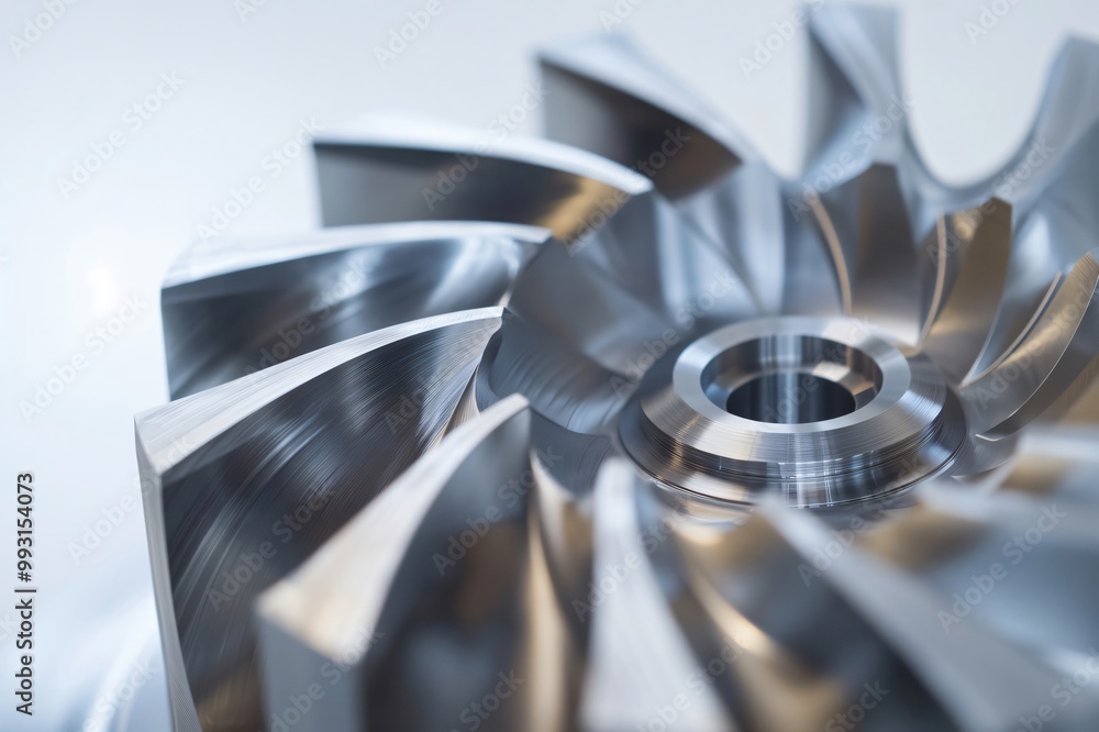 Poster close up of a turbine fan with sharp blades and a shiny silver finish, embodying power and energy in