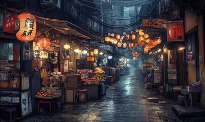 Dark alley with lanterns and shops.