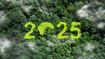 Sustainable Environment Development Goals, 2025 symbol on green grass in the forest.New Goals,...