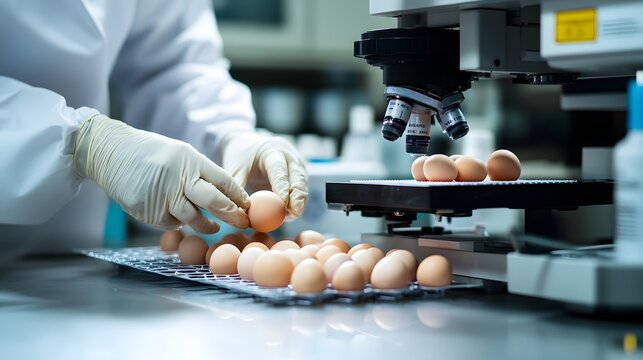 Scientist inspecting eggs with a microscope in a laboratory setting.