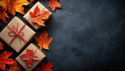 Autumn gifts wrapped in paper, adorned with orange leaves, set against a dark background for a cozy fall vibe.