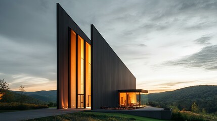 Fototapeta premium A modern, sleek architectural design featuring a dark exterior and large windows, set against a serene, hilly landscape at dusk.