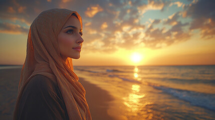 Fototapeta premium A woman in a hijab gazes at a stunning sunset over the ocean, embodying serenity and reflection on a peaceful beach.