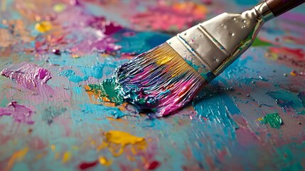 Fototapeta premium A colorful paintbrush rests on a vibrant palette, showcasing a mix of various artistic paint colors glistening in natural light.