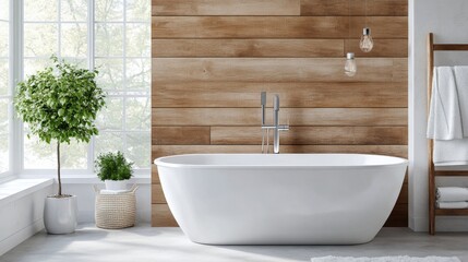 Fototapeta premium Modern bathroom design featuring a freestanding bathtub and natural wood accents