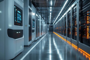 Obraz premium Sleek data center with rows of server racks glowing in soft blue light, symbolizing the core of modern computing and digital infrastructure in a highly secure facility.
