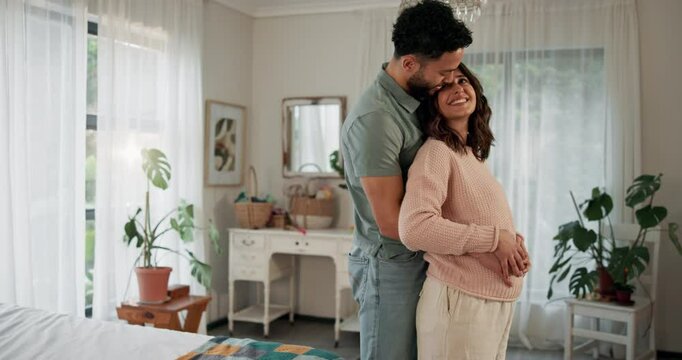 Couple, hug and kiss for pregnancy in home, support maternity health and tummy touch in bedroom. People, embrace wife and bonding with child or future family, together and happiness for relationship