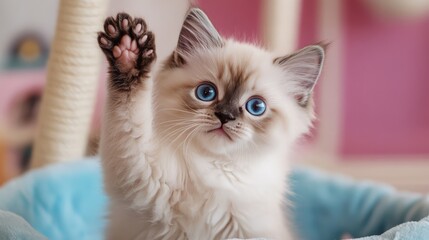 Fototapeta premium Adorable fluffy kitten with blue eyes raising a paw in a soft pastel background, perfect for animal and pet-themed designs.
