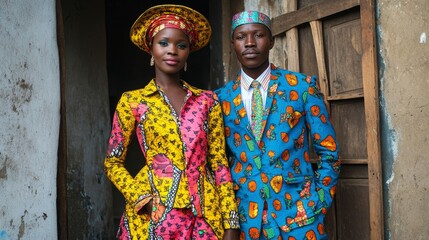 Vibrant Traditional Congolese Wedding Couple in Colorful Sapeur Outfits Embracing in Urban Setting