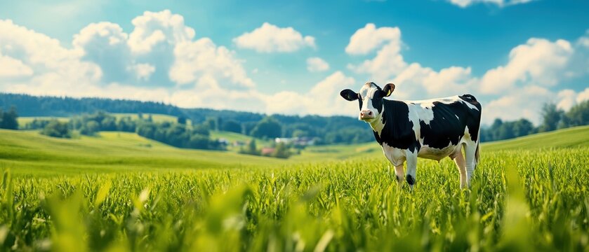 A serene cow standing in a lush green field under a blue sky filled with fluffy clouds.