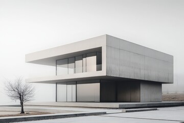  Minimalist concrete house with sharp geometric lines and large windows, set in a foggy landscape, emphasizing modern, clean architectural design.