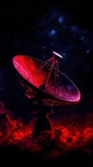 A vibrant satellite dish illuminated in red against a cosmic background filled with stars and clouds.